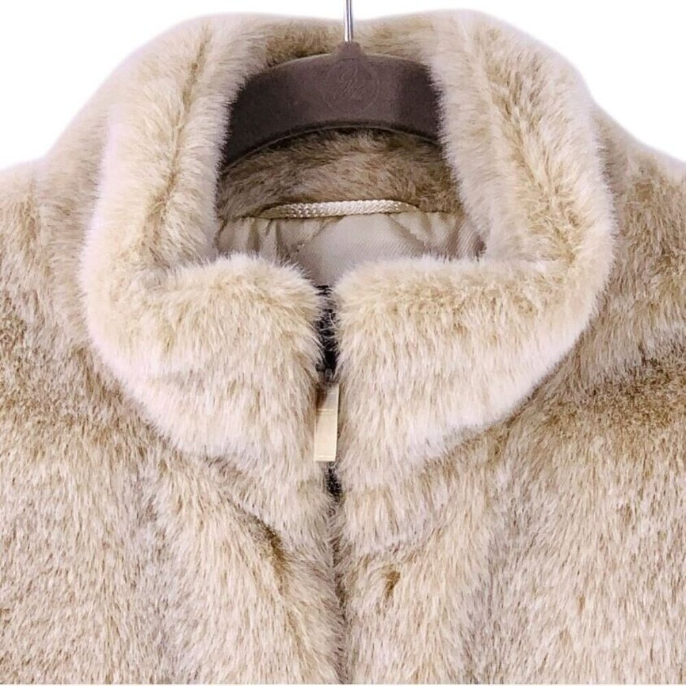 Mondi Escada Beige Faux Fur Vest Geometric Print Zip Front Winter Chic Size 42 - Picture 3 of 5